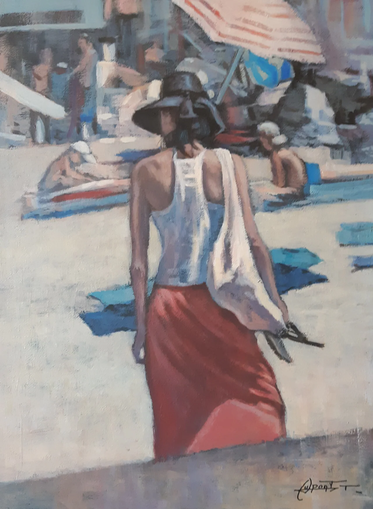 À la plage 2020, peinture acrylique contemporaine, scène de plage peinte par Thierry Dupont en Loire-Atlantique