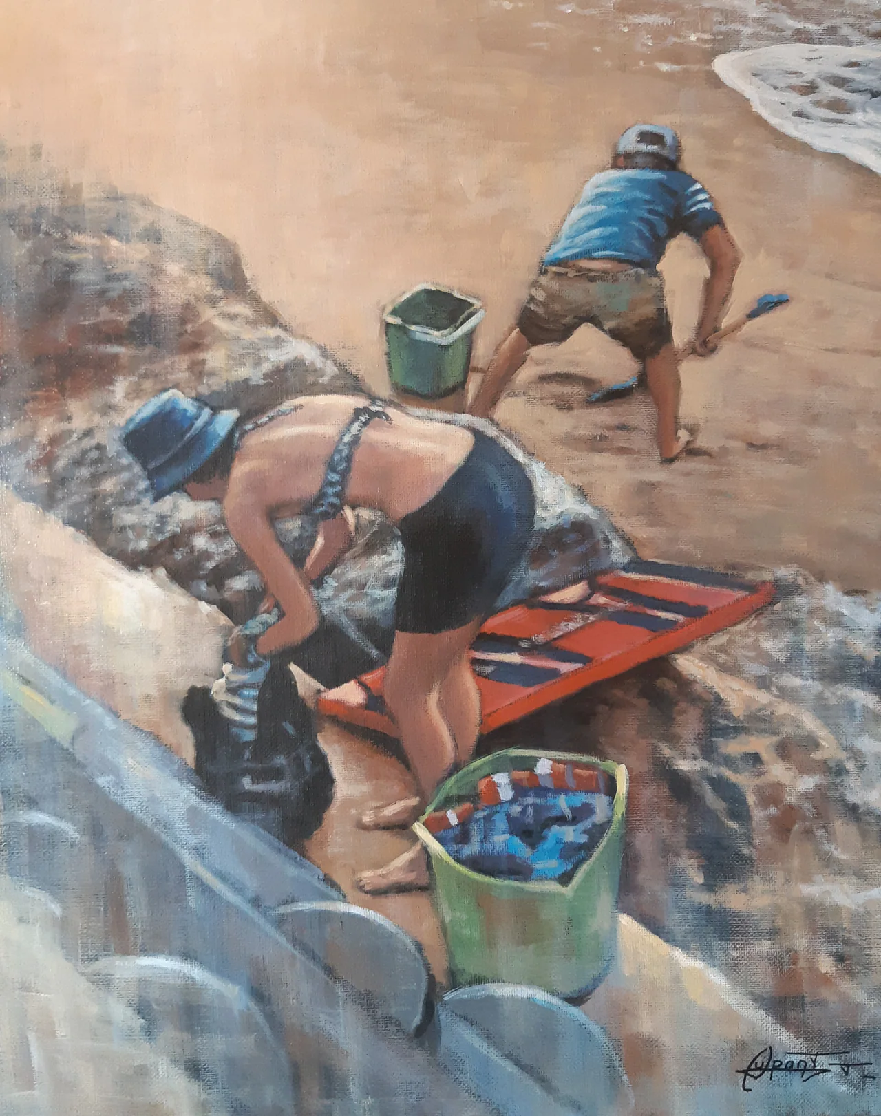 À la plage 2020 en 40 × 50 cm, peinture acrylique contemporaine, scène balnéaire peinte par Thierry Dupont en Loire-Atlantique