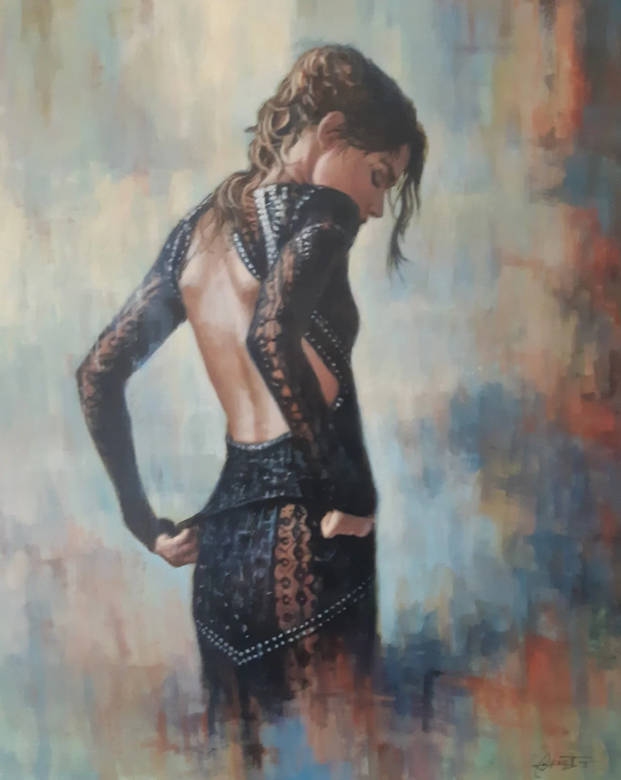 Dentelle noire, peinture acrylique contemporaine, figure contemporaine peinte par Thierry Dupont en Loire-Atlantique