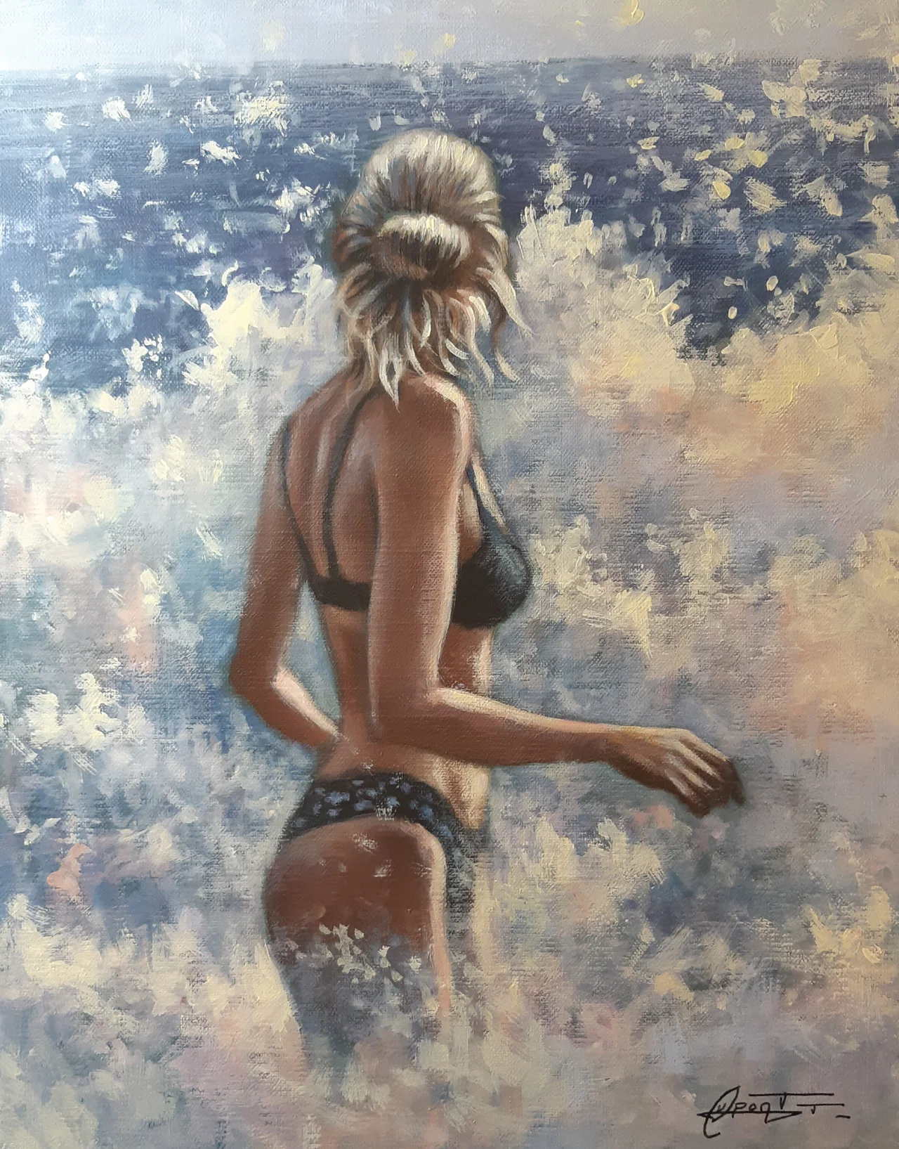 La baigneuse, peinture acrylique contemporaine, scène du littoral par Thierry Dupont dans le Vignoble nantais