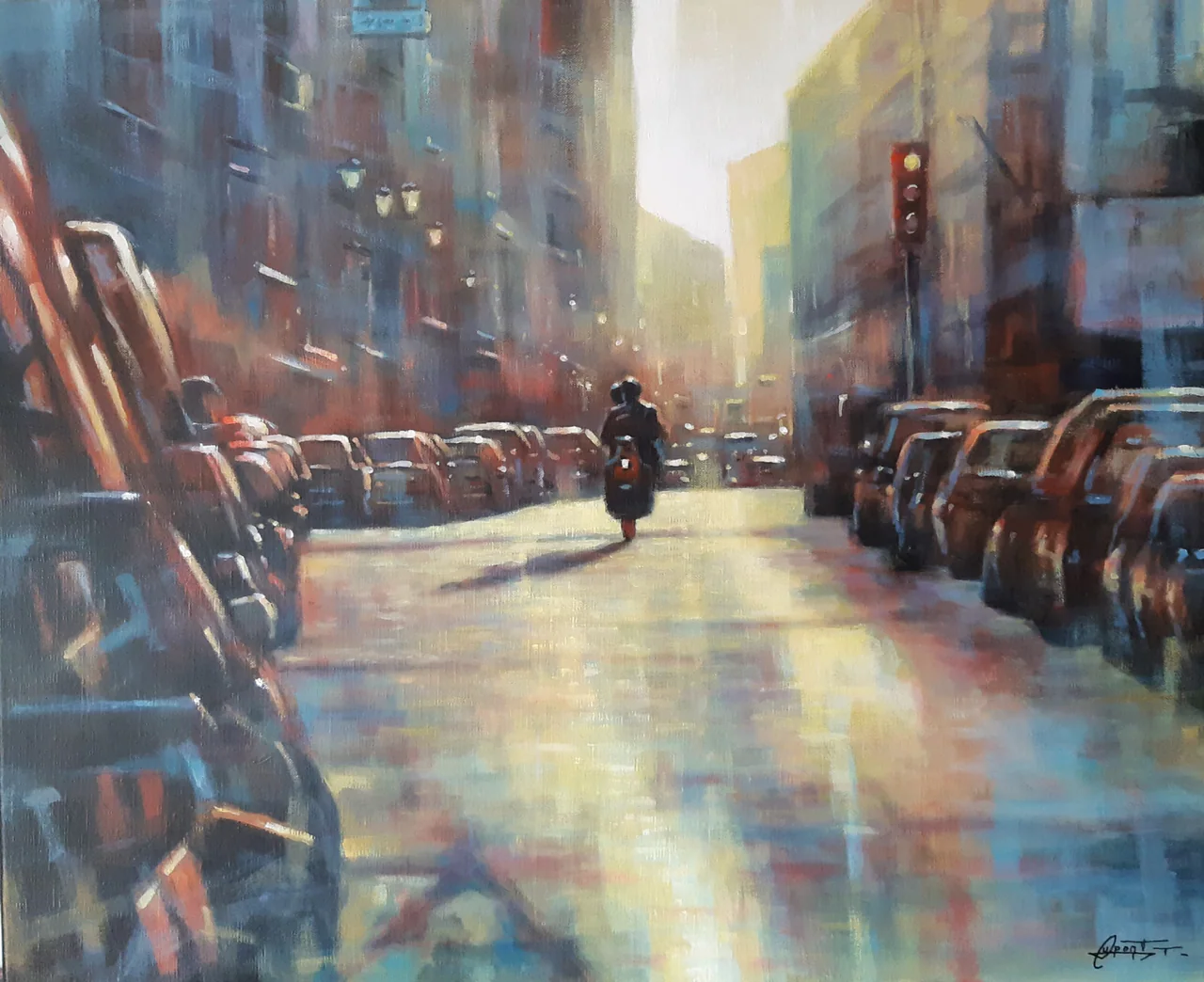 Le scooter, peinture acrylique contemporaine, paysage urbain peint par Thierry Dupont près de Clisson