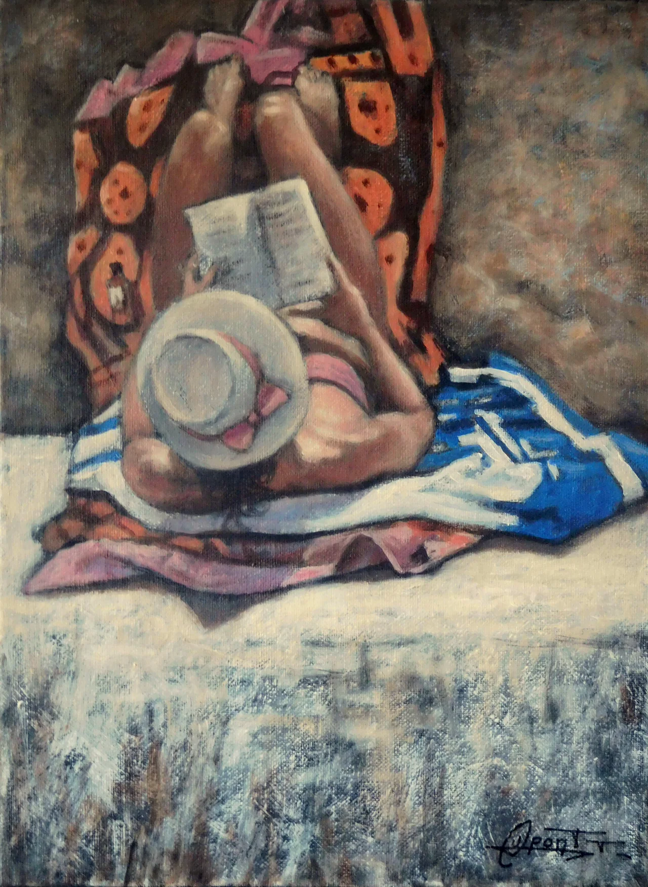 Lecture à la plage, peinture acrylique contemporaine, scène balnéaire de Thierry Dupont près de Clisson