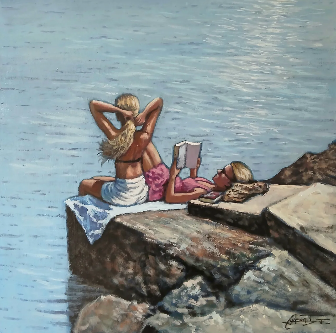 PL11, peinture acrylique contemporaine, lecture au bord de l'eau peinte par Thierry Dupont en Loire-Atlantique