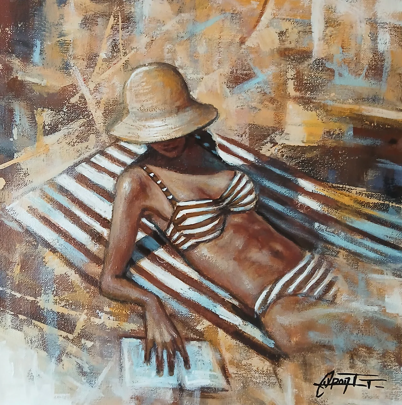 PL55, peinture acrylique contemporaine, scène de plage peinte par Thierry Dupont près de Clisson