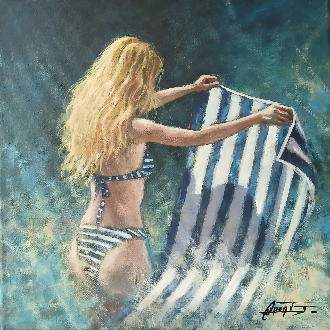 PL58, peinture acrylique contemporaine, scène balnéaire peinte par Thierry Dupont en Loire-Atlantique