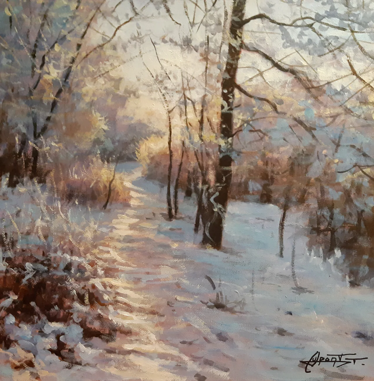 PN1, peinture acrylique contemporaine, paysage d’hiver peint par Thierry Dupont dans le Vignoble nantais