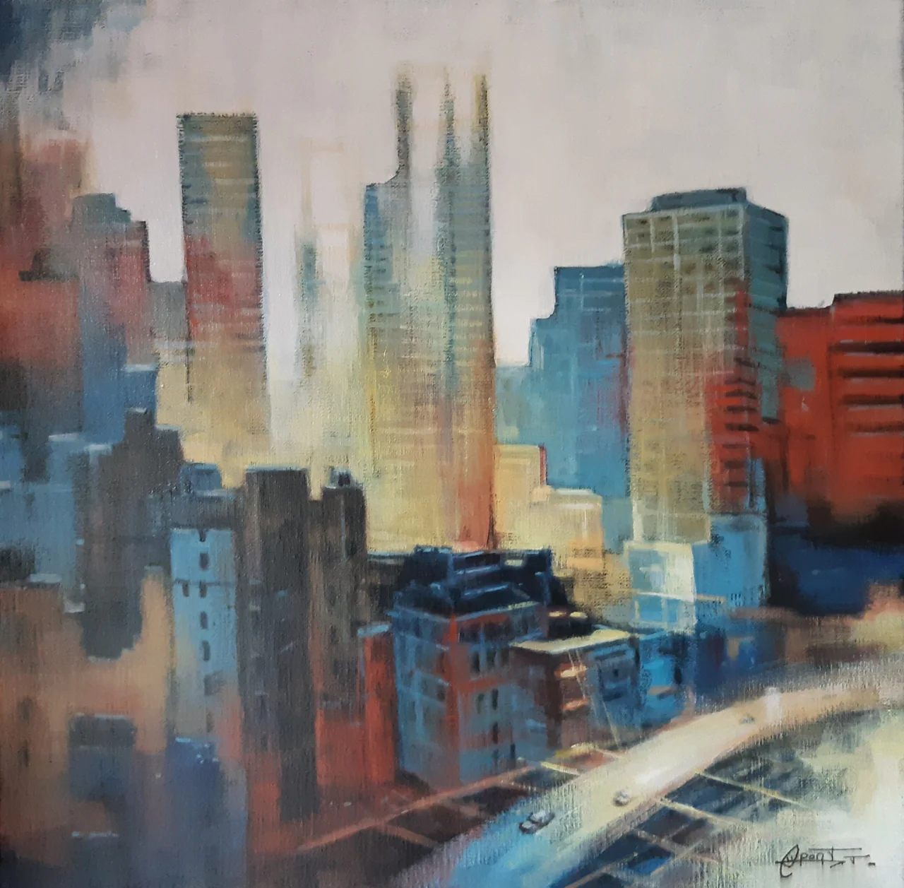 REF PU46, peinture acrylique contemporaine, paysage urbain peint par Thierry Dupont dans le Vignoble nantais