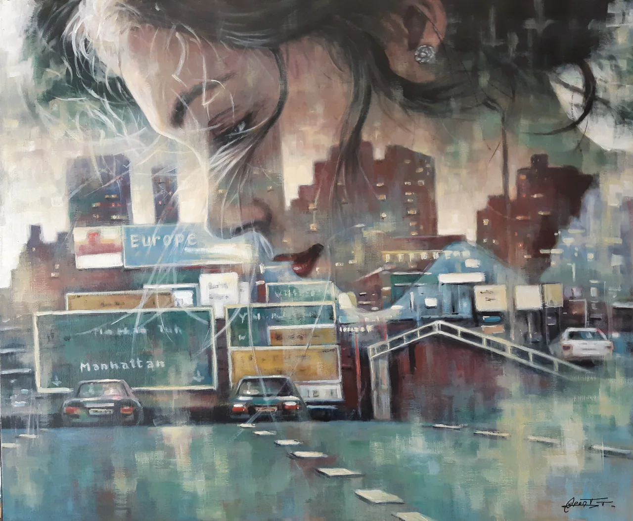 Reflets urbains RT8, peinture acrylique contemporaine, ville et portrait par Thierry Dupont près de Clisson