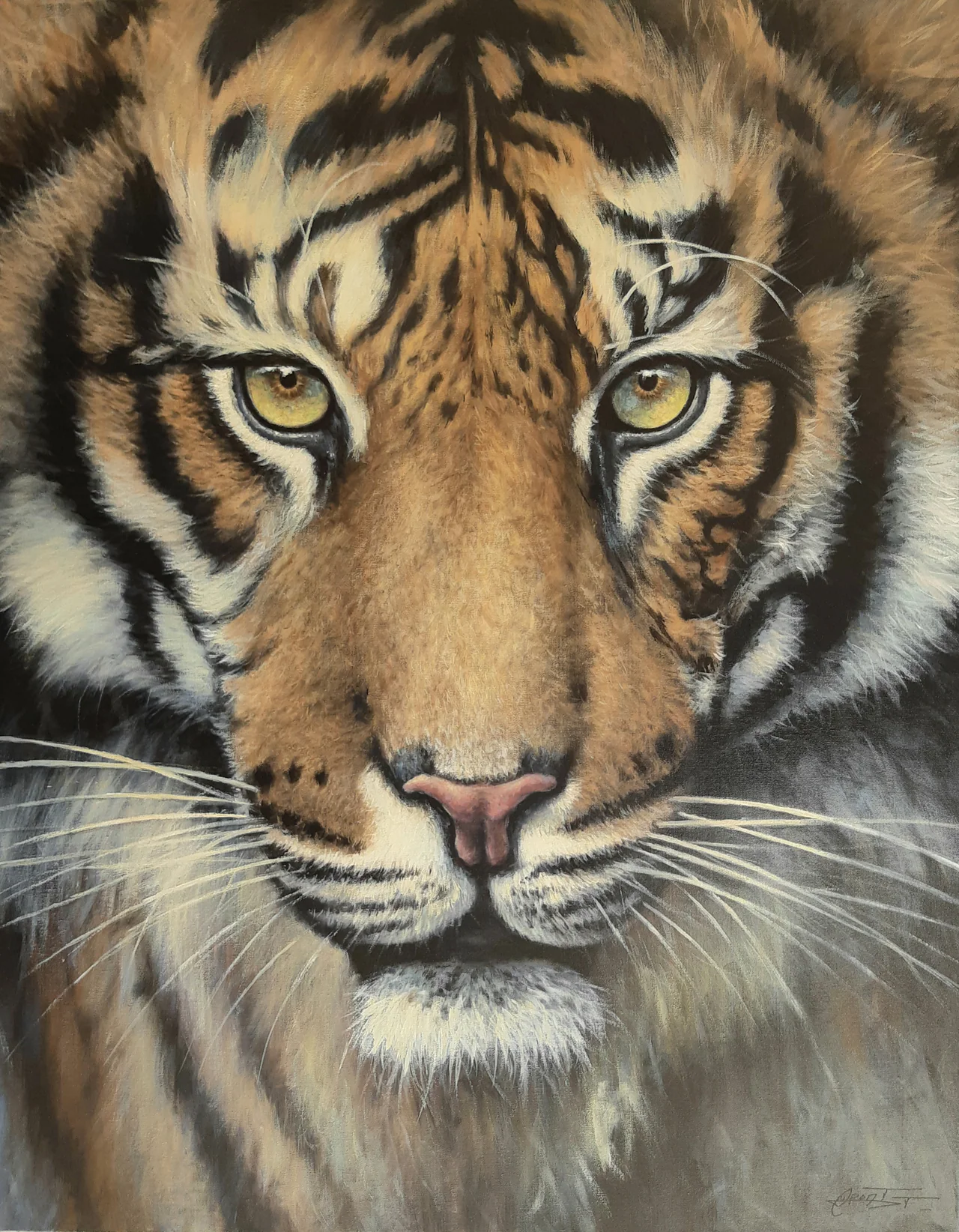 Regard félin, peinture acrylique contemporaine, portrait de tigre peint par Thierry Dupont en Loire-Atlantique
