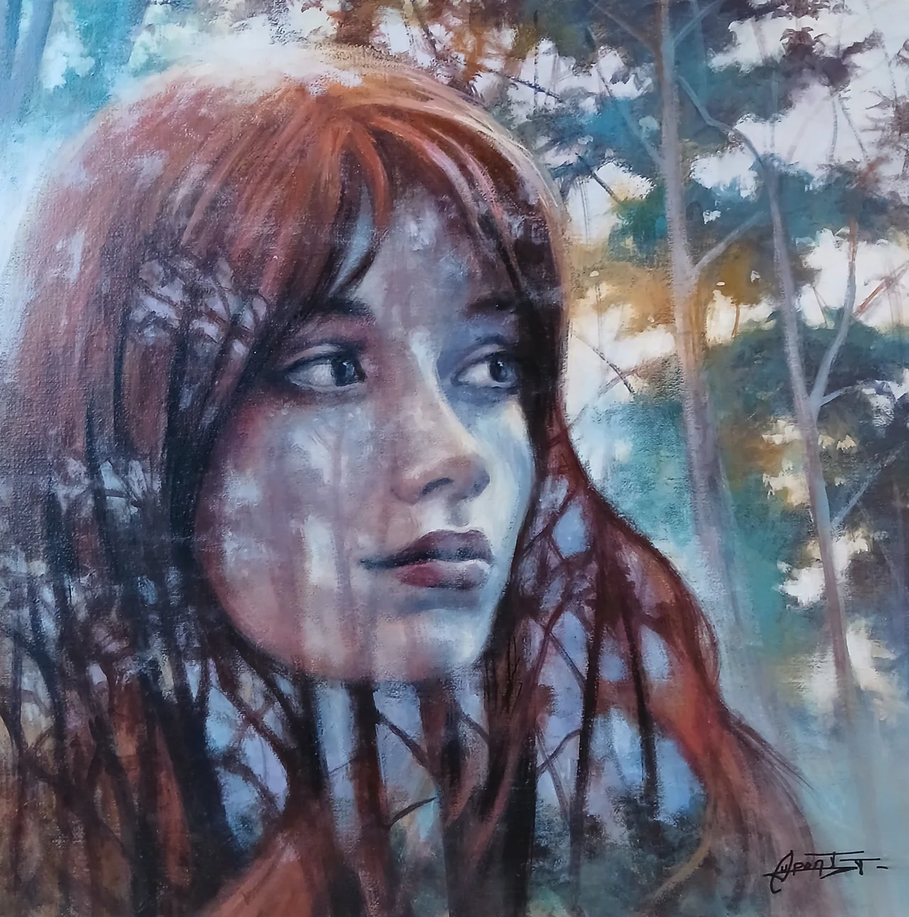 RT31, peinture acrylique contemporaine, portrait et transparence végétale par Thierry Dupont près de Clisson