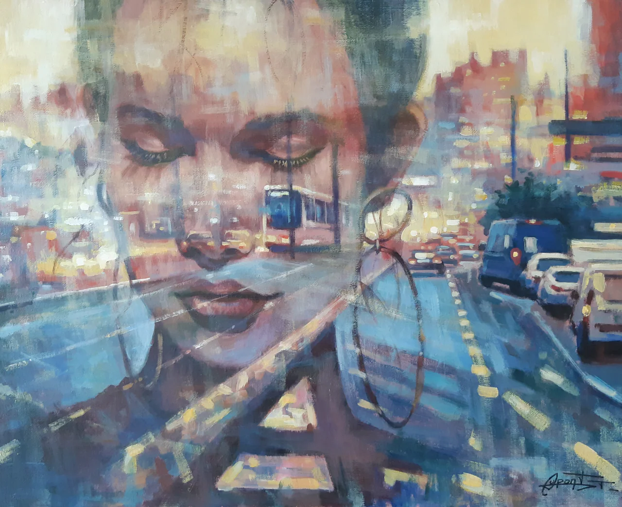RT4, peinture acrylique contemporaine, portrait et reflets urbains par Thierry Dupont près de Clisson