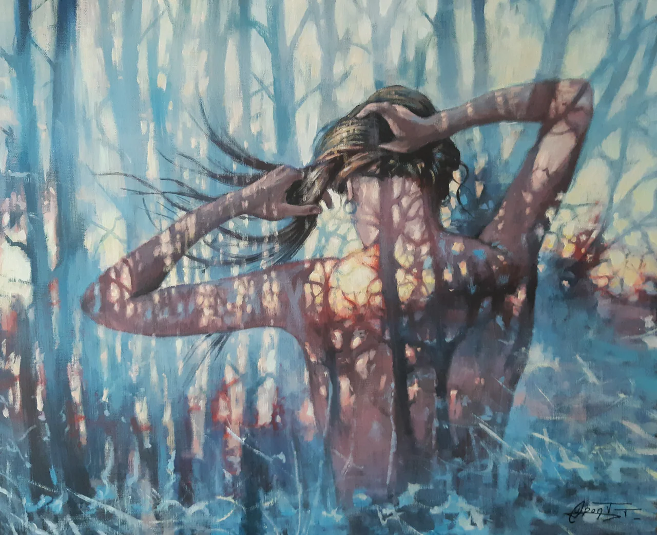 RT6, peinture acrylique contemporaine, figure et ombres végétales par Thierry Dupont en Loire-Atlantique