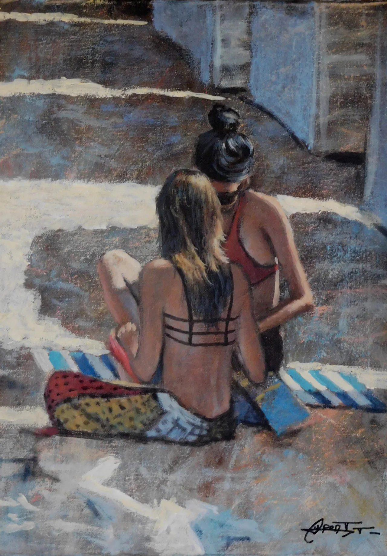 Un soir à la plage, peinture acrylique contemporaine, scène balnéaire peinte par Thierry Dupont près de Clisson