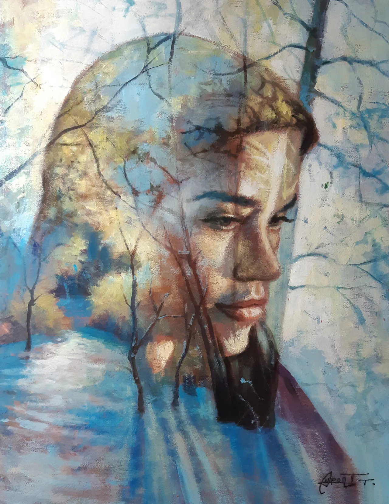 VF1, peinture acrylique contemporaine, portrait masculin et paysage peint par Thierry Dupont près de Clisson